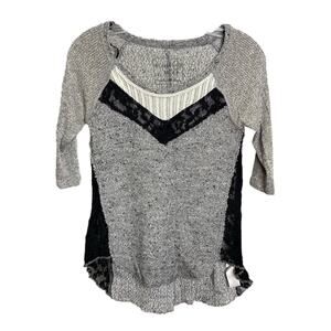 Free People Womens Grey Marled Mixed Media Lace Panel 3/4 Sleeve Top Size Medium